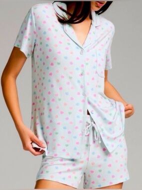 SKIMS Heart-Print Short Sleeve Pajama Set - White with Pink, Blue & Green Hearts
